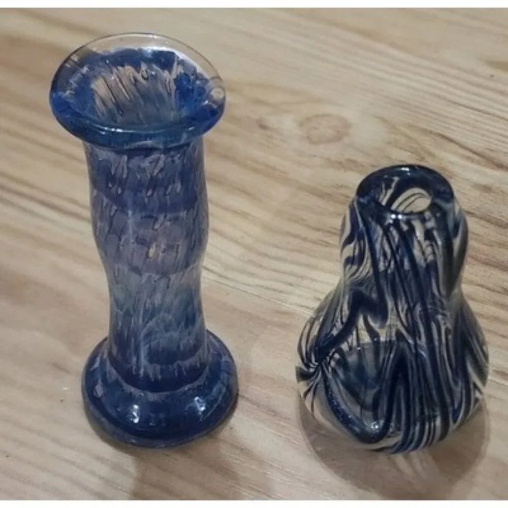Blue Hand Blown Glass Bud Vase Set 2 Piece Swirl Art Glass Decorative Vessels